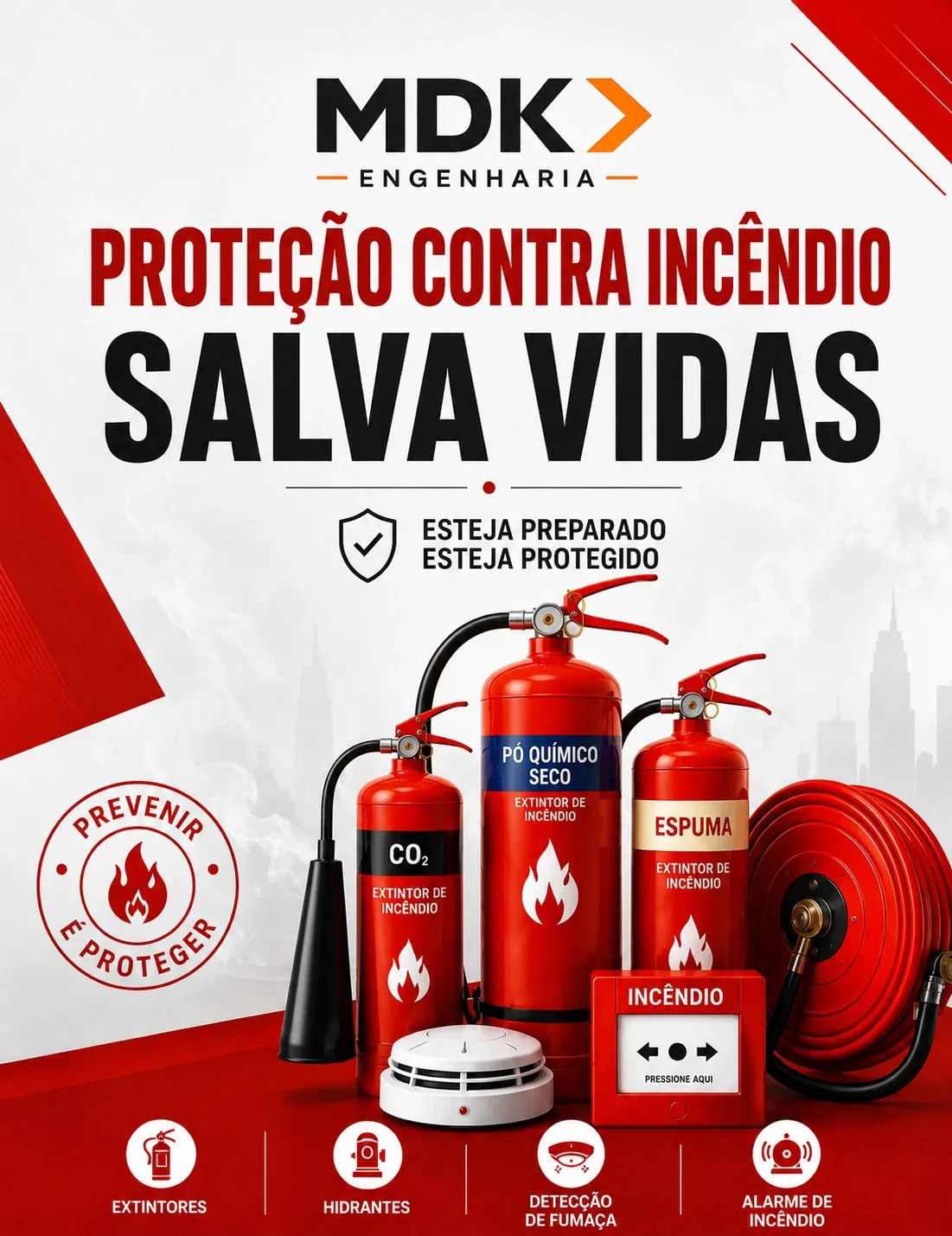Peça da MDK Engenharia sobre proteção contra incêndio, com extintores de CO2, pó químico e espuma, detector de fumaça, acionador manual e carretel de mangueira