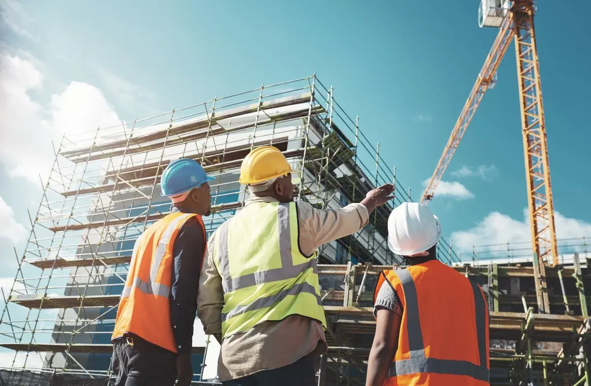 Três profissionais de capacete observando a fachada de uma edificação em construção