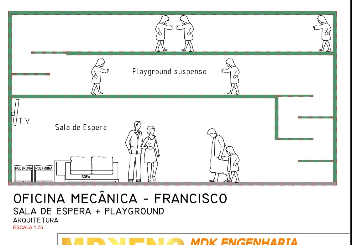 Corte da sala de espera da oficina, com o playground suspenso