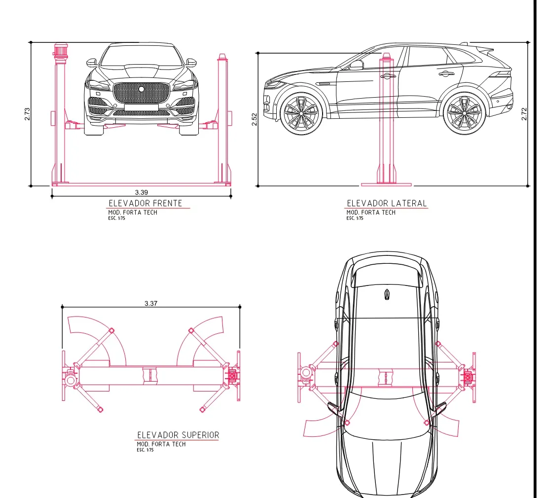 Detalhamento dos elevadores automotivos em vista frontal, lateral e superior, com cotas