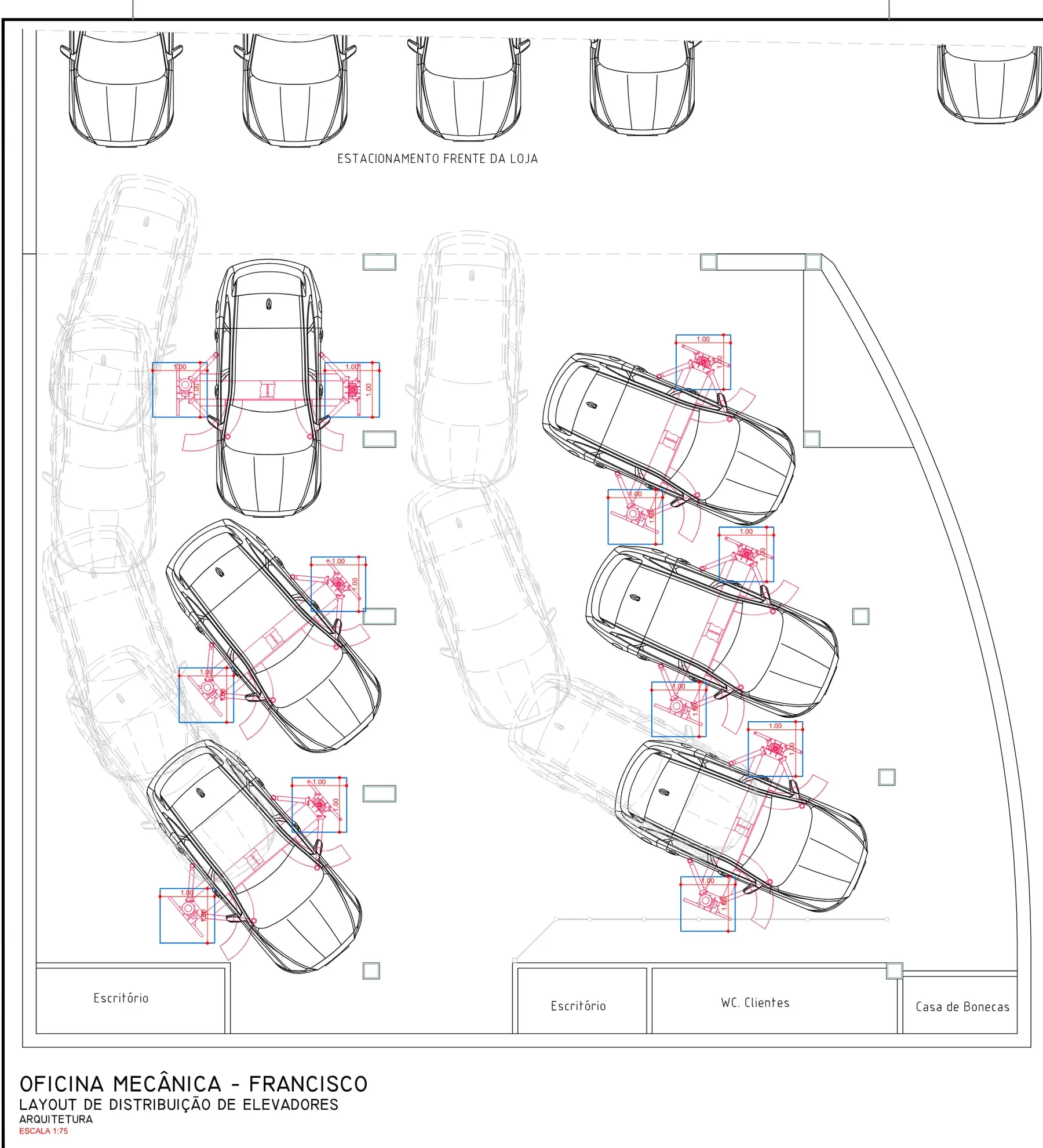 Planta de layout de distribuição dos elevadores da oficina: em cinza claro o arranjo ortogonal dos veículos estudado antes, sobreposto em preto o arranjo em leque adotado, com os elevadores em vermelho