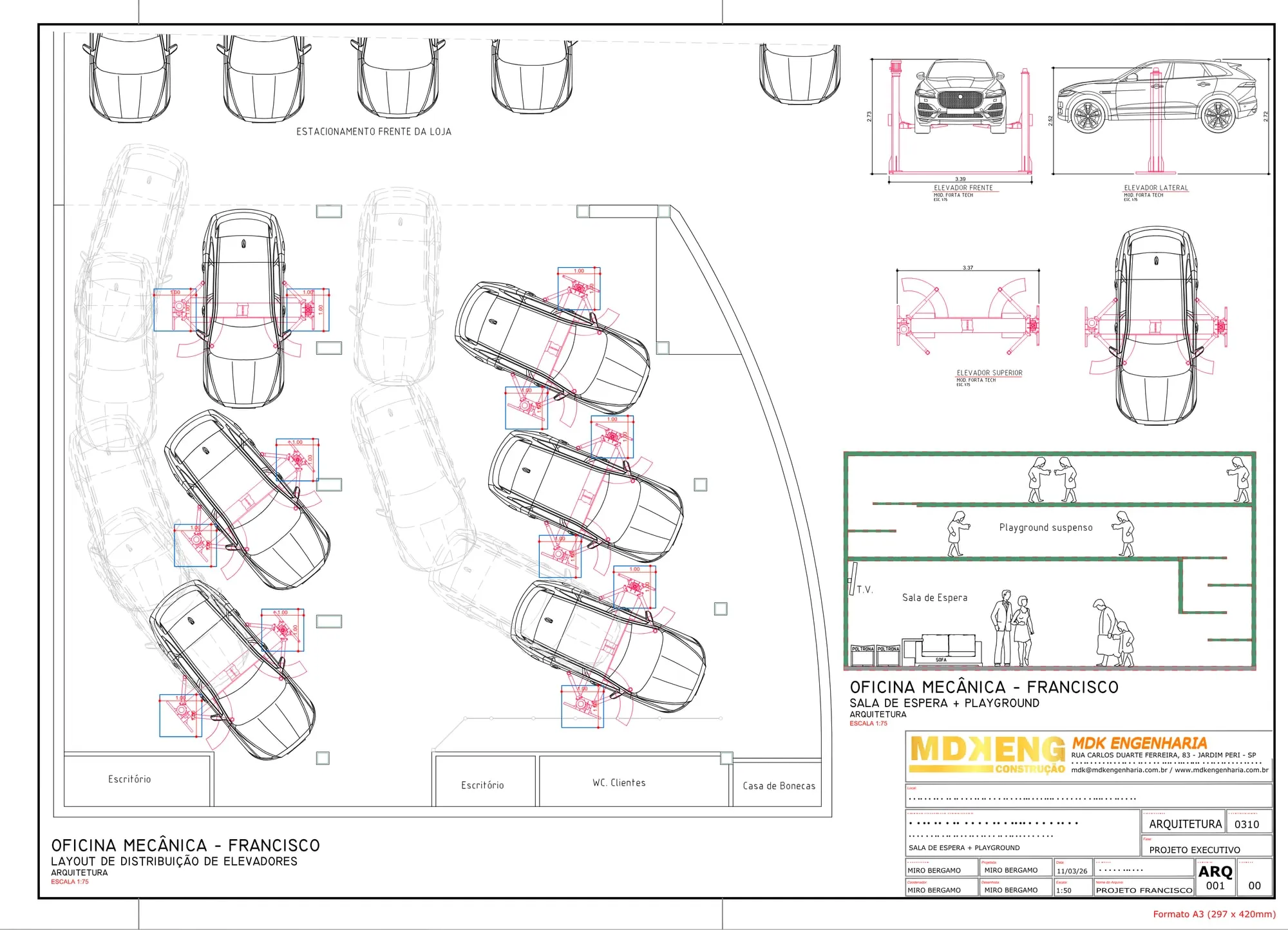 Prancha ARQ 001 completa do projeto executivo da oficina, em formato A3, com planta, cortes, detalhes e carimbo