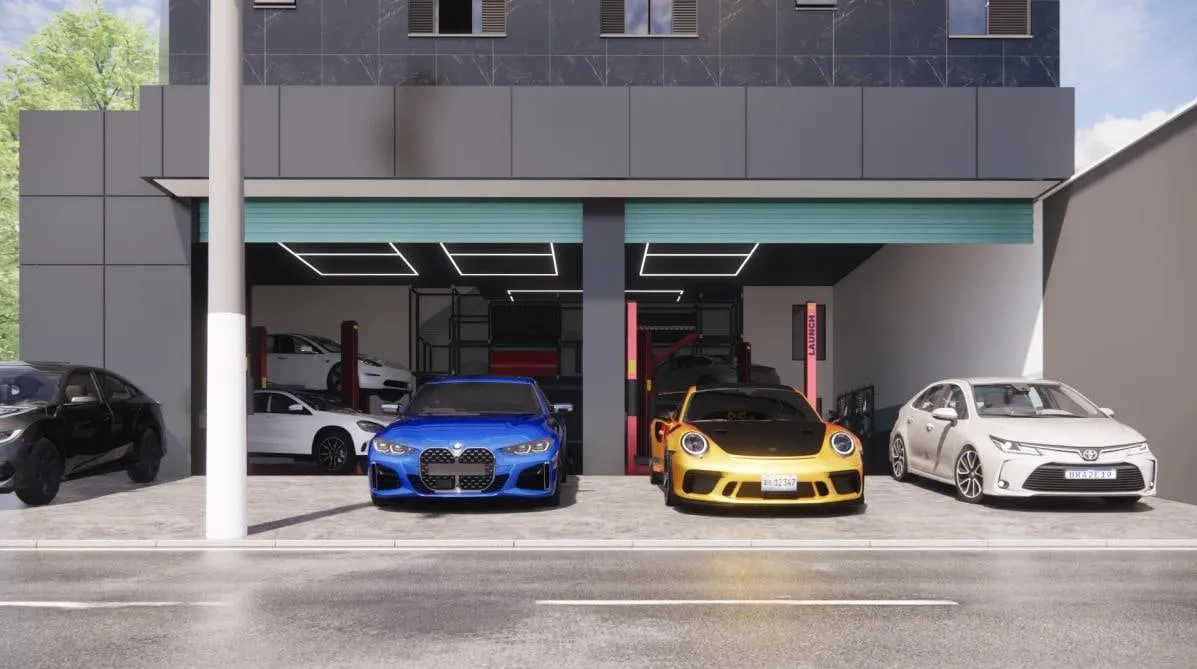 Render 3D da fachada de oficina automotiva com portas de enrolar e vitrine