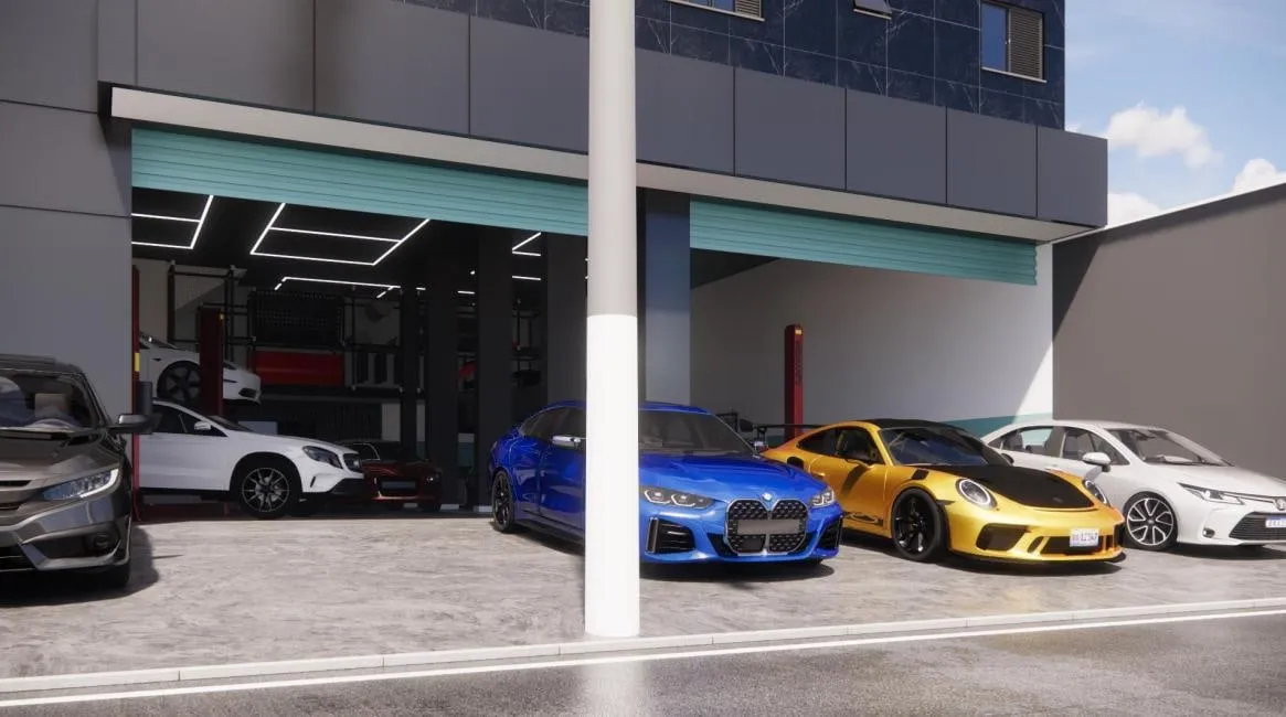 Render 3D da fachada da oficina em perspectiva, vista da calçada