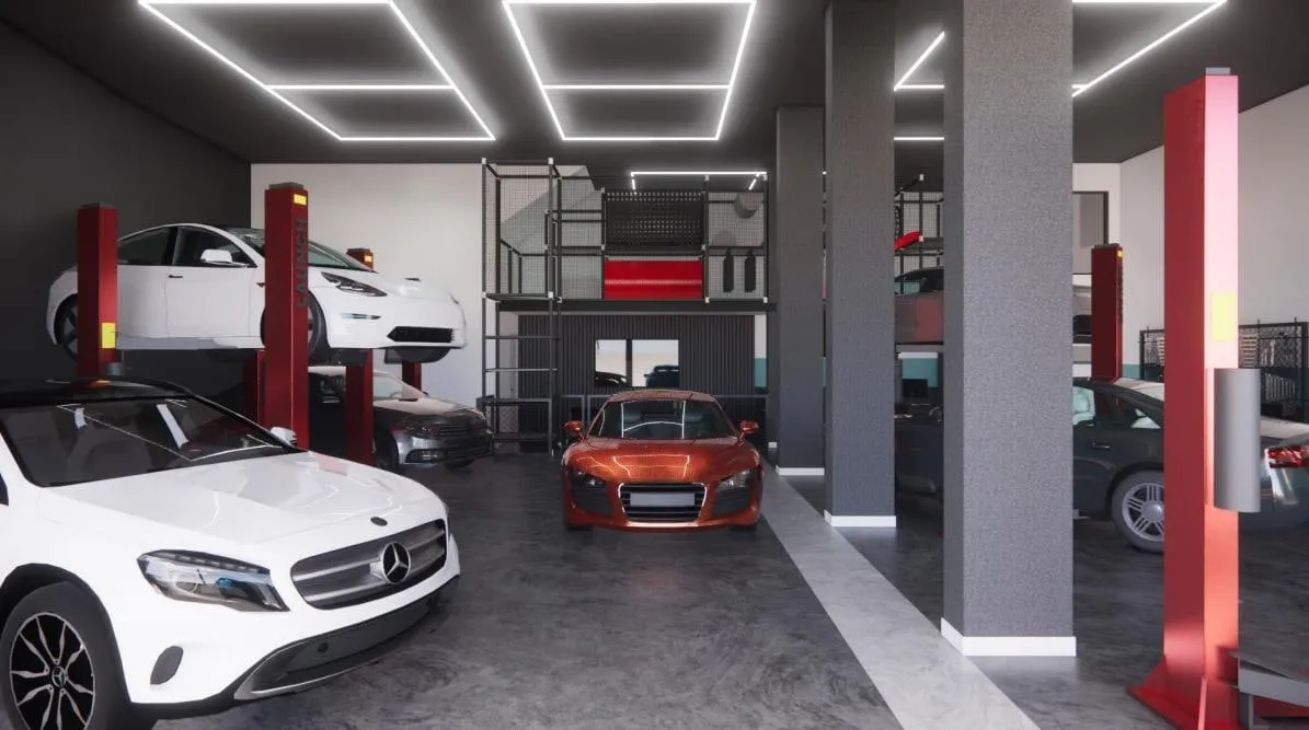Render 3D do salão da oficina com elevadores automotivos e iluminação linear