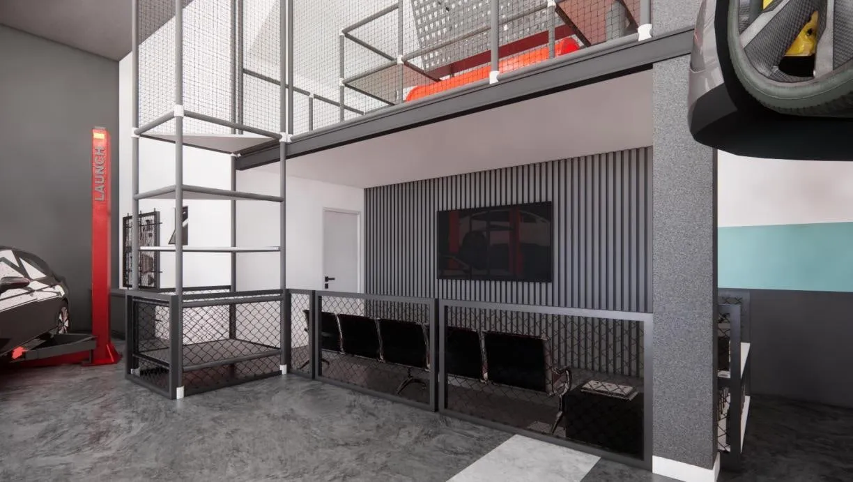 Render 3D da área de espera de clientes sob o mezanino