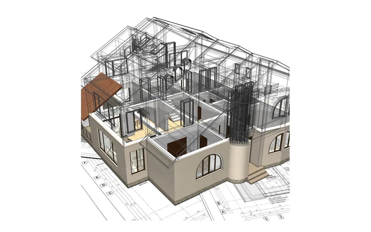 Modelo 3D de residência com estrutura em wireframe sobre pranchas de projeto