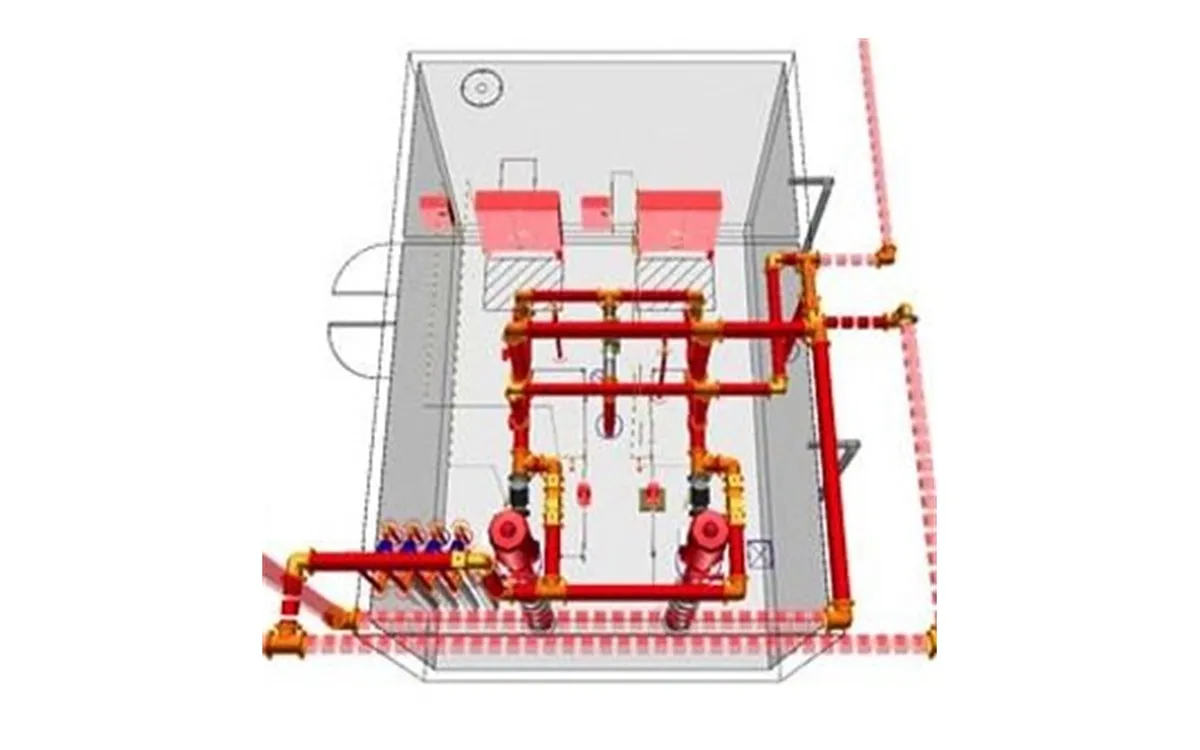 Modelo 3D de casa de bombas de incêndio com barrilete e rede de sprinklers